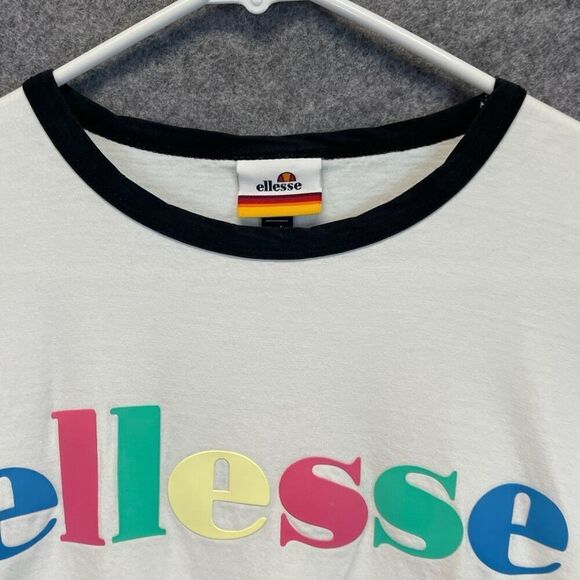 Vintage ELLESSE T-Shirt Men's Large White Big Logo Trashed Moa Ringer Graphic - Picture 4 of 16